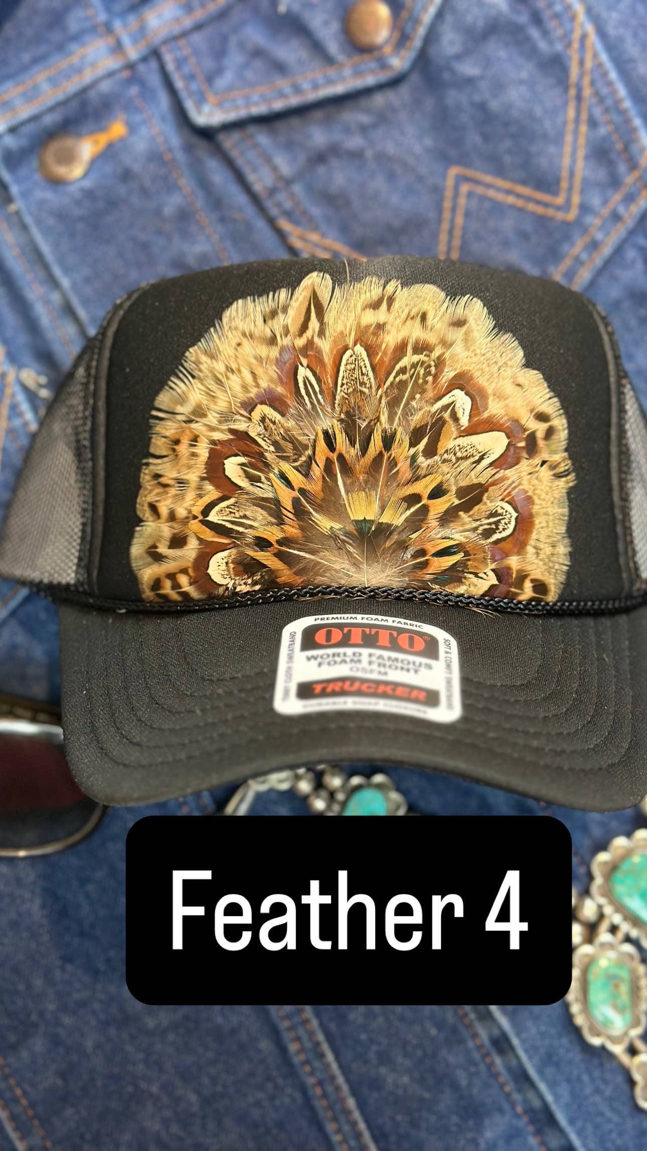 BLACK FEATHER TRUCKER HAT: With Faux Turquoise / Feather 8