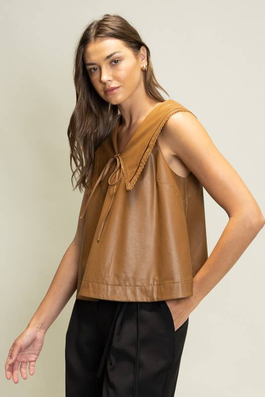 SOT1241 Faux Leather Sailor Collar Top: Black / S-M-L (2-2-2)