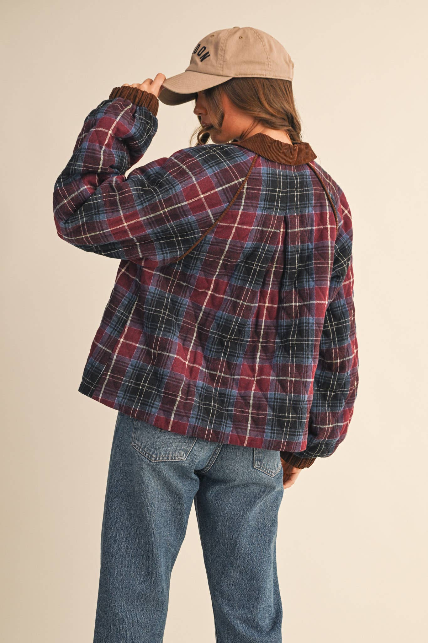 PLAID QUILTED JACKET WITH CONTRAST CORDUROY DETAIL MJK4115: Olive Multi Plaid / M