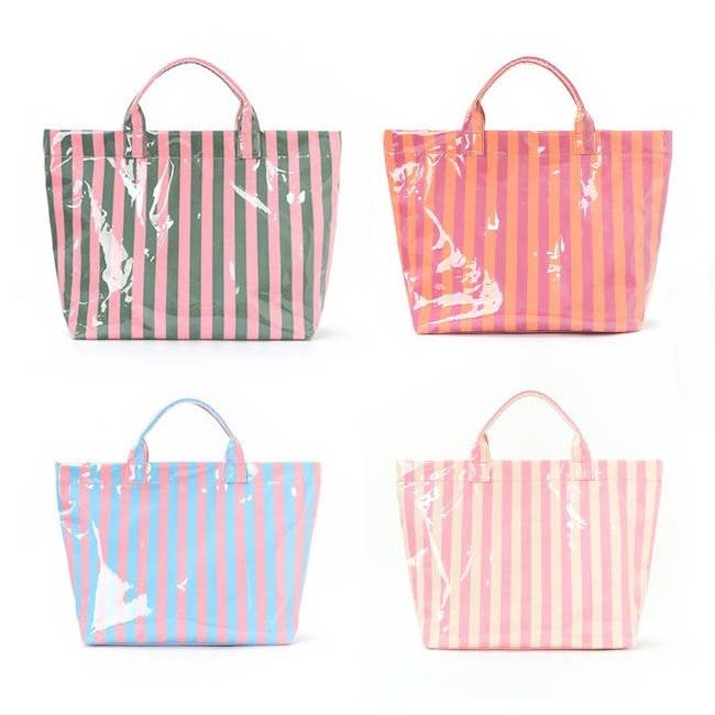 Large Striped Vinyl Tote Bags | 40P595: BLUE PINK