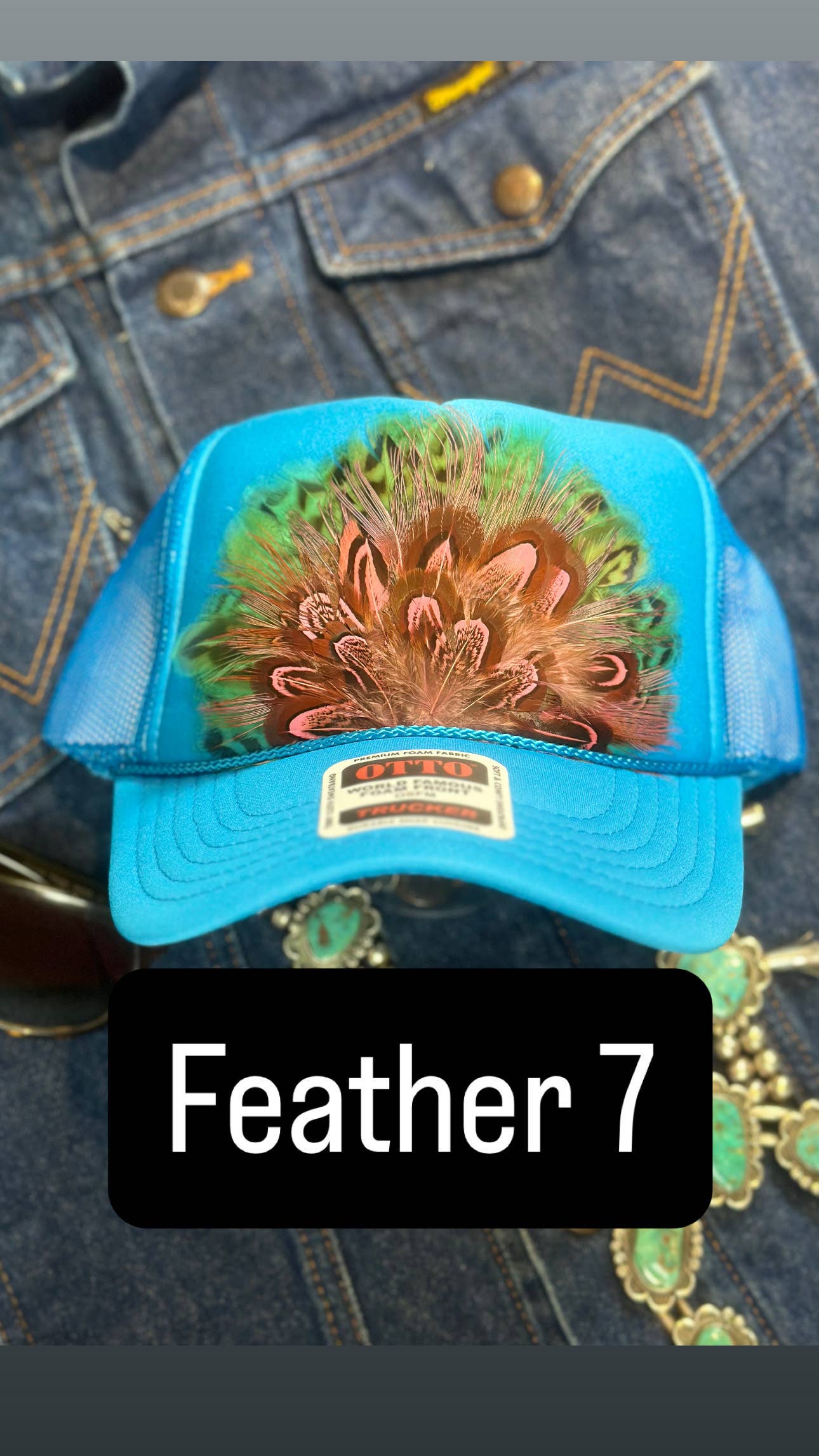 BLUE FEATHER TRUCKER HAT: No Faux Turquoise / Feather 1