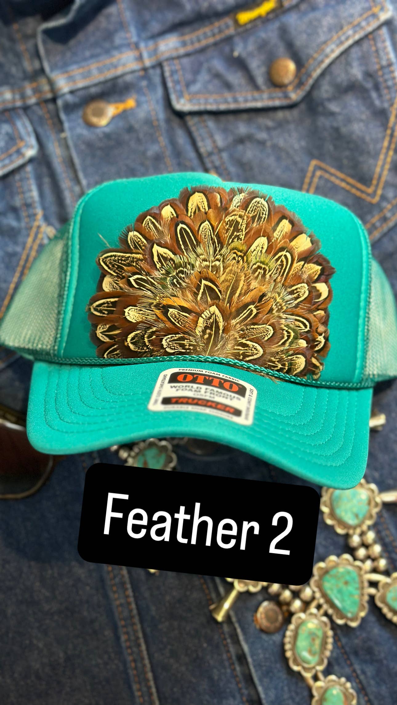 JADE FEATHER TRUCKER HAT: No Faux Turquoise / Feather 4