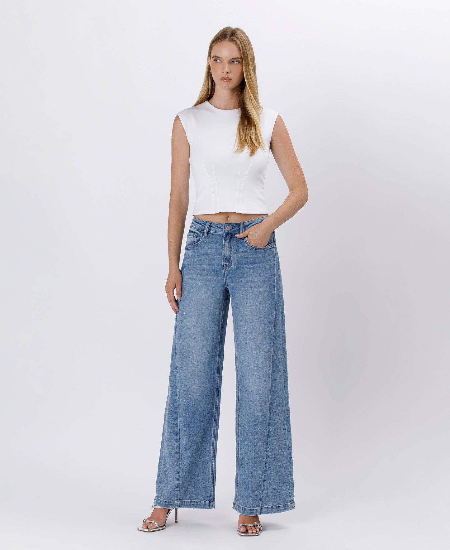 HIGH RISE SEAM DETAIL PALAZZO JEANS V3608: ENTHUSE / 30