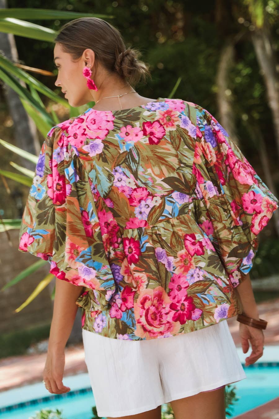Printed Blouse With Wide Bubble Sleeve: Olive Garden / L