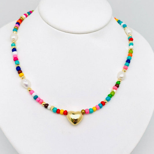Golden Heart Charm Bohemian Glass Pearl Beaded Necklace