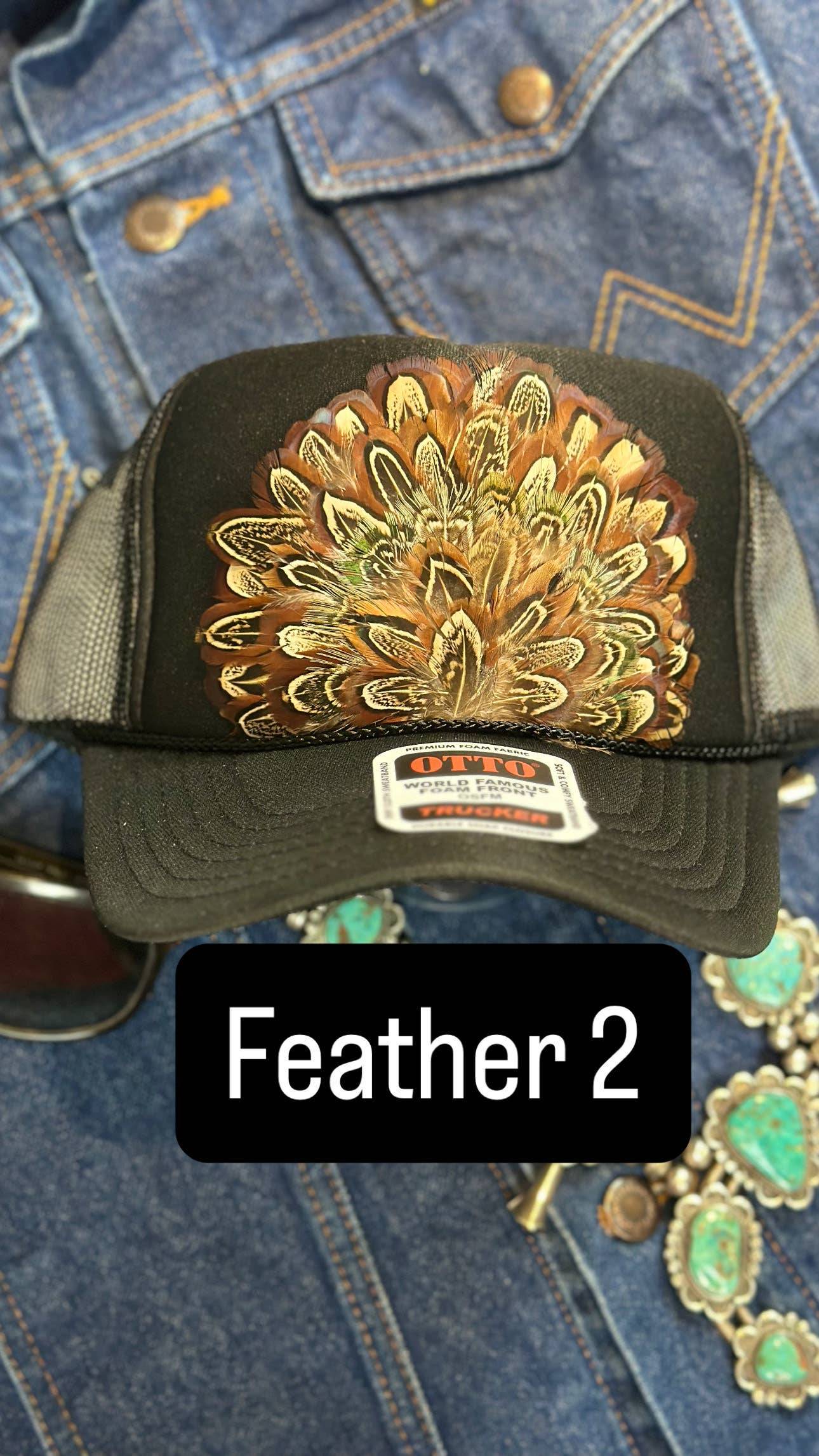 BLACK FEATHER TRUCKER HAT: With Faux Turquoise / Feather 8