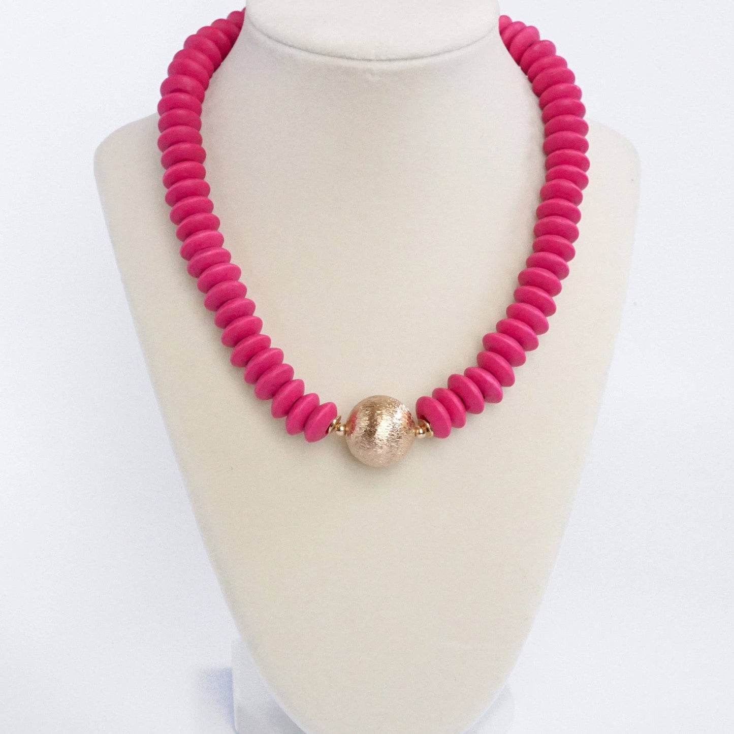 Wood Saucer Beads Short Statement Necklace Gold center Hot Pink Beige: Beige