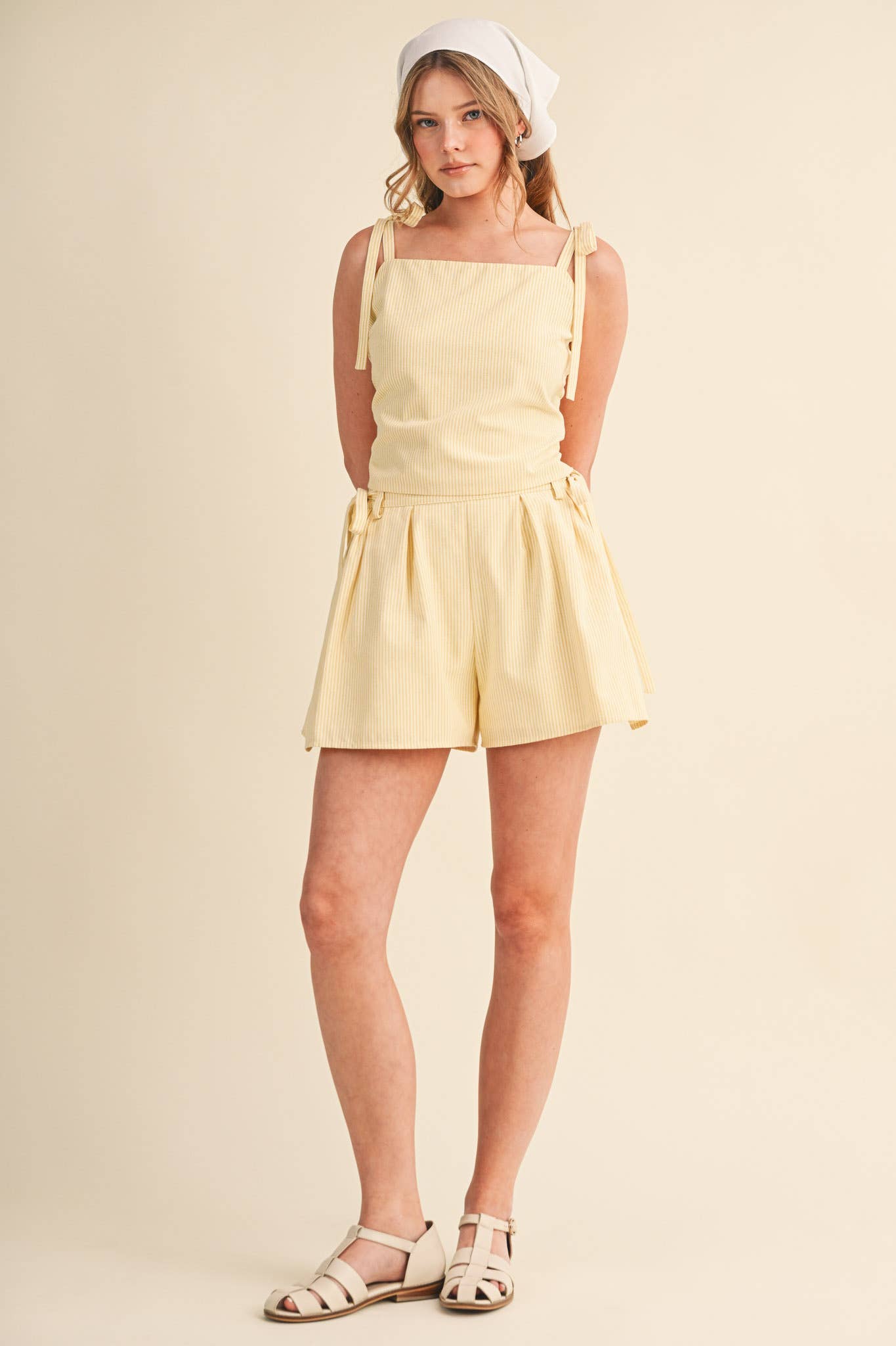STRIPED TIE SHOULDER CROP TOP AND SHORTS SET MPST4791: BLUE STRIPE / L