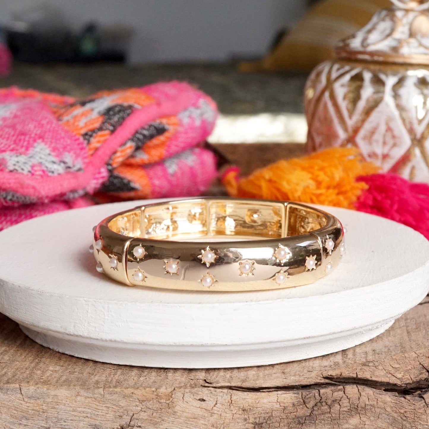Gold-Tone Eternity Stretch Bangle – Pearls, Turquoise, or Crystals: Wide - Turquoise