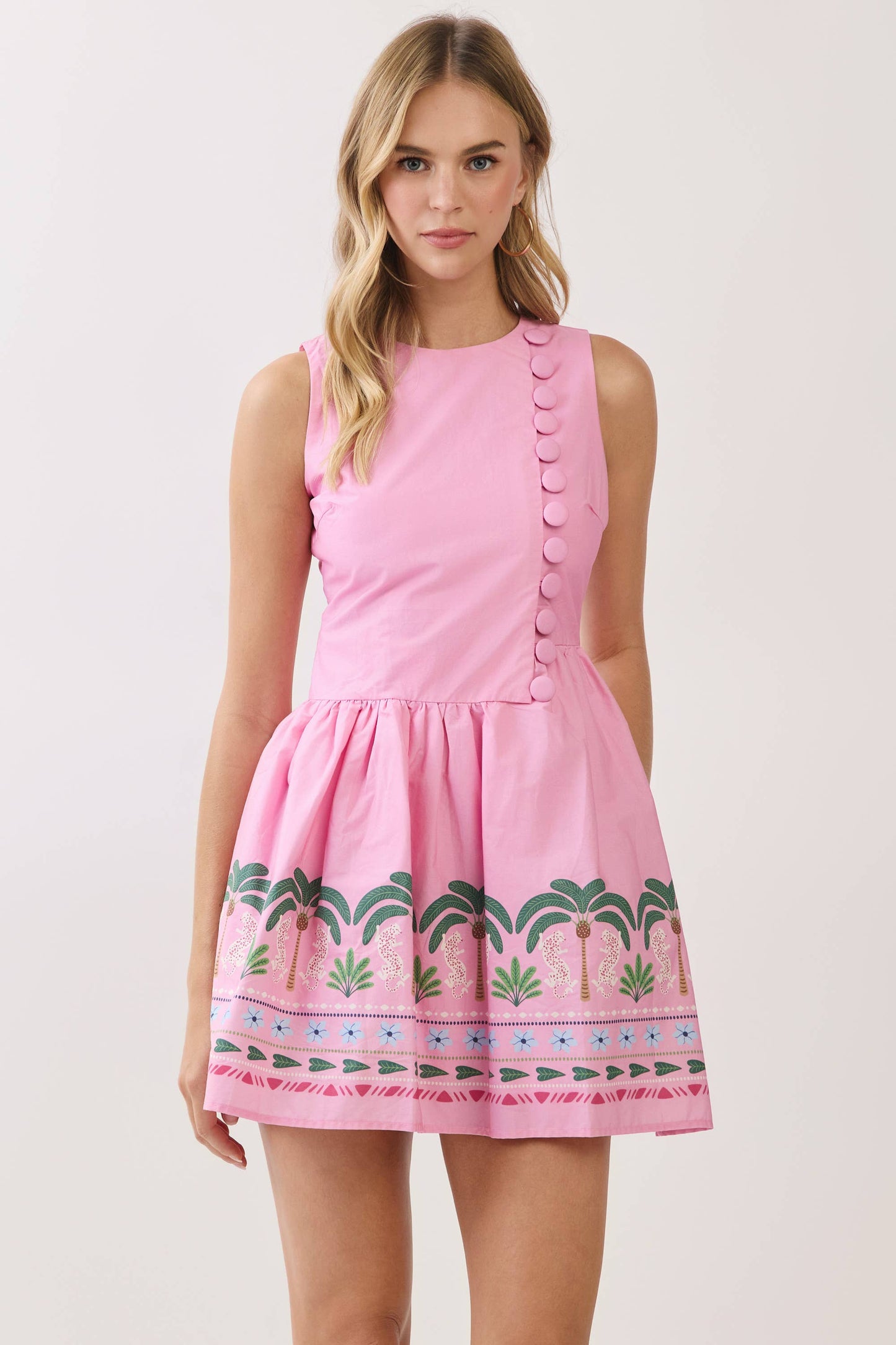 CD07105-Tropical Border Print Sleeveless Mini Dress: Pink / S