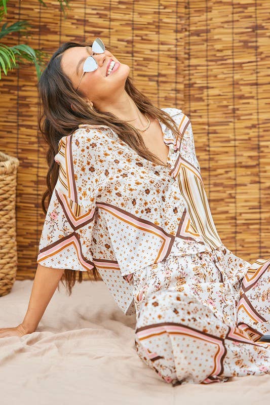 Printed Satin Top And Pants Set: Ivory Multi / L