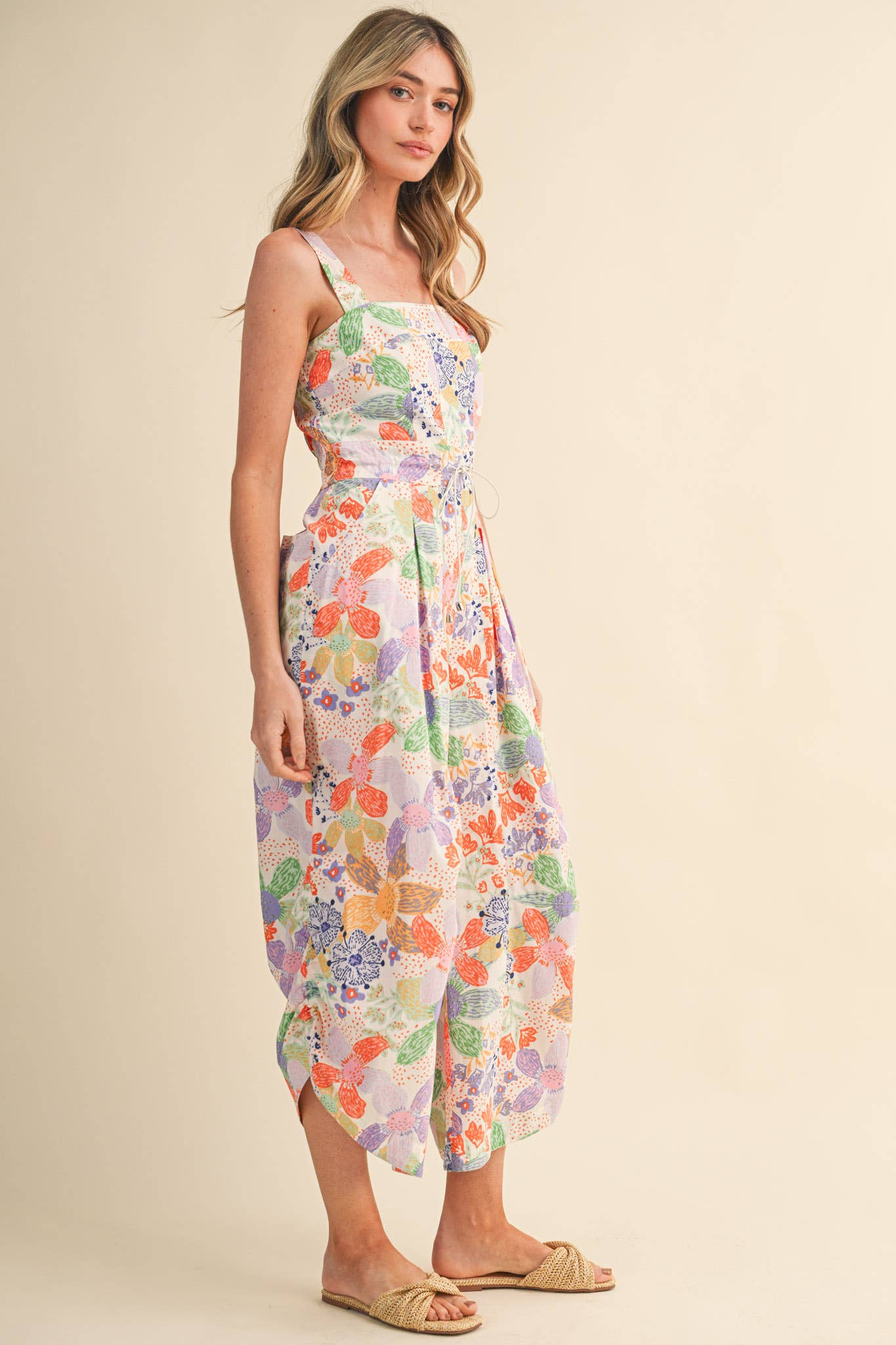 EXCLUSIVE FLORAL PLEATED CROPPED WIDE LEG JUMPSUIT MP4967: CORAL MULTI / S