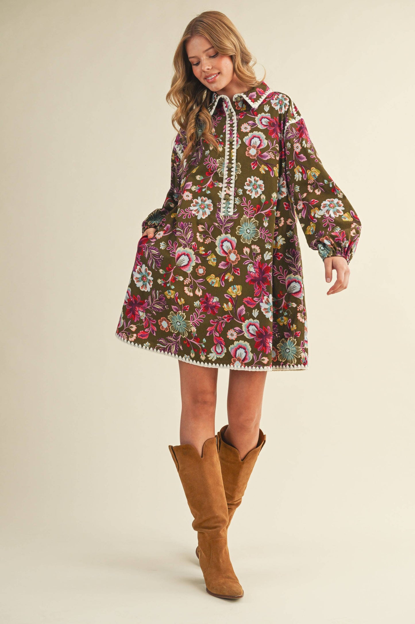 EXCLUSIVE PRINT BLANKET STITCH BUTTONED MINI DRESS MDR4298: Cream Multi / M