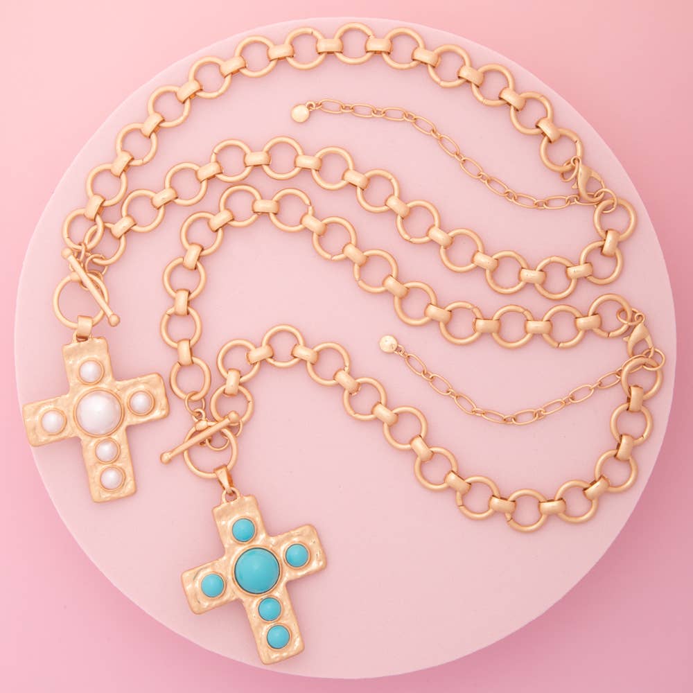 Pearl / Turquoise Embellished Cross Pendant Toggle Necklace : White