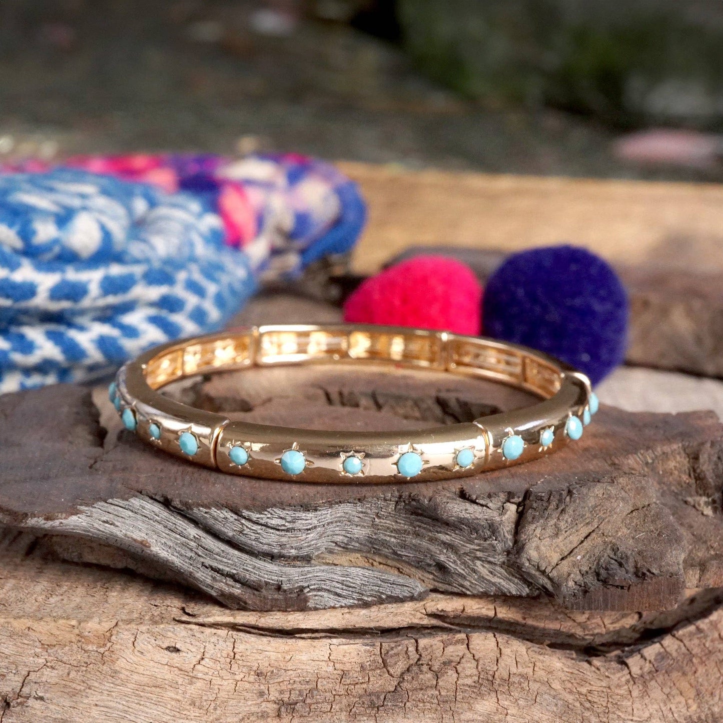 Gold-Tone Eternity Stretch Bangle – Pearls, Turquoise, or Crystals: Wide - Turquoise