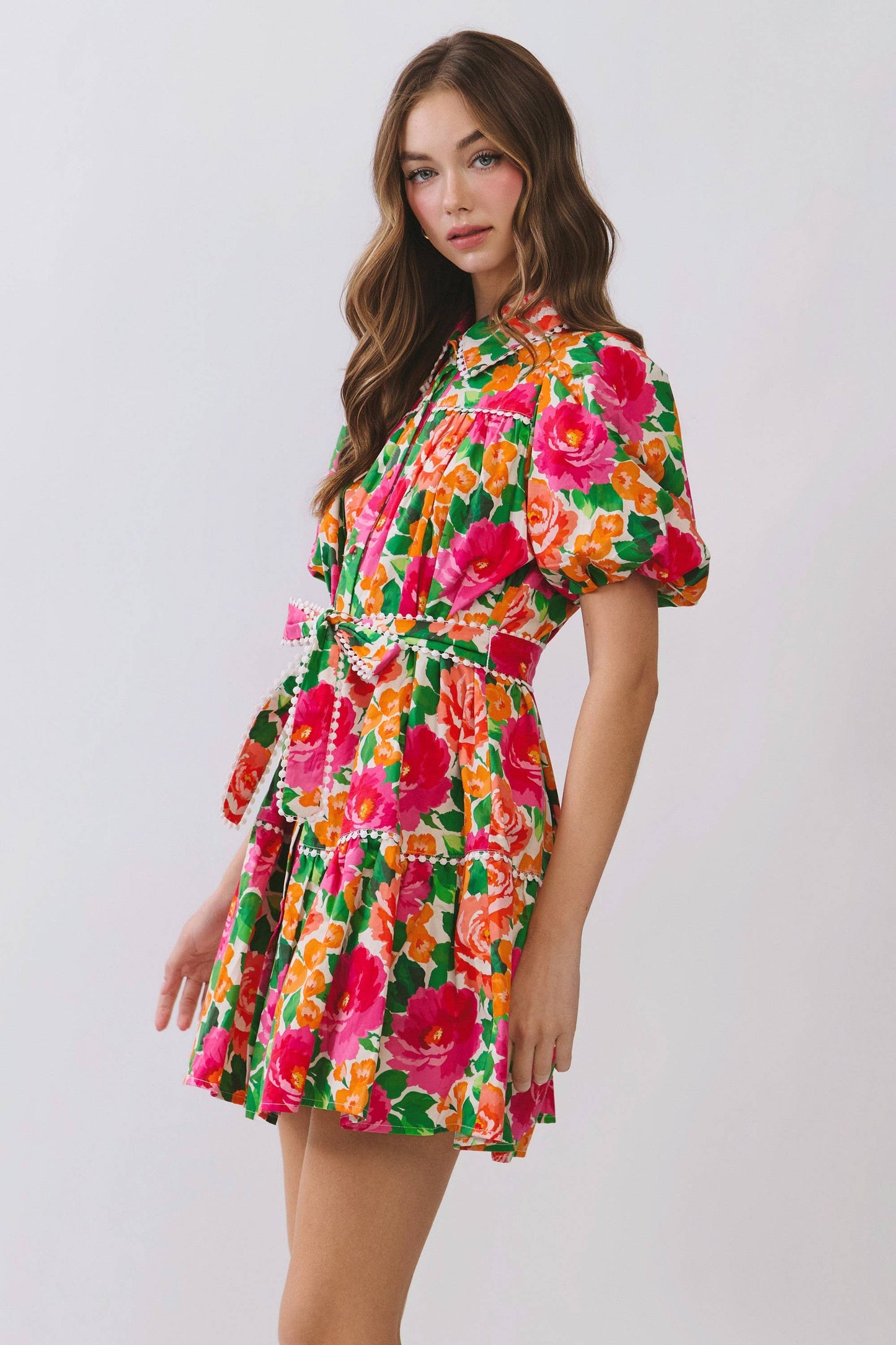 CD07183-Floral Puff Sleeve Button Down Mini Dress: MULTI / M