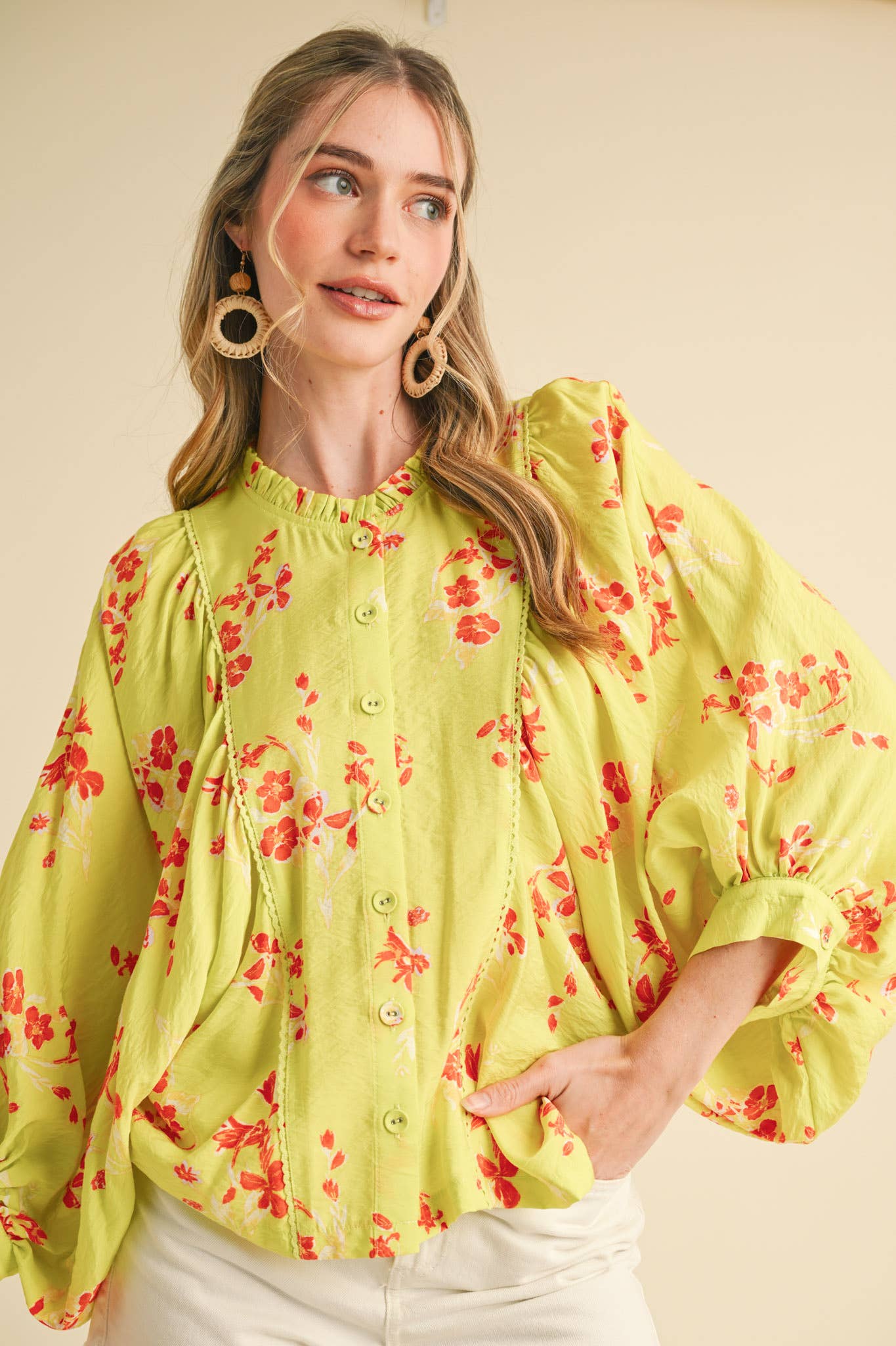 EXCLUSIVE PRINT FLORAL DOLMAN SLEEVE BLOUSE MTP3871: Electric Blue Floral / M