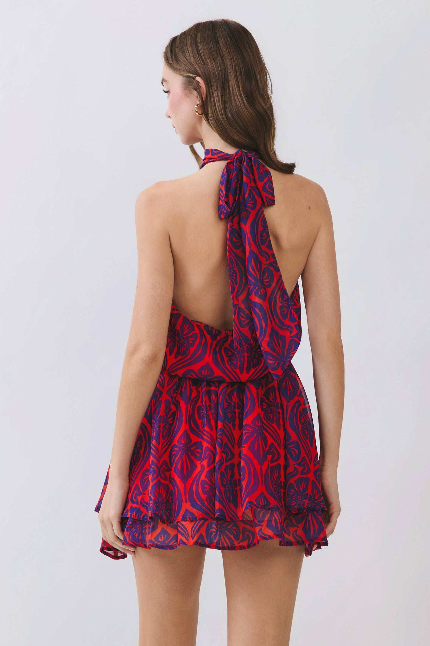 CD07143-Printed Open Back Halter Neck  Mini Dress: Red / M
