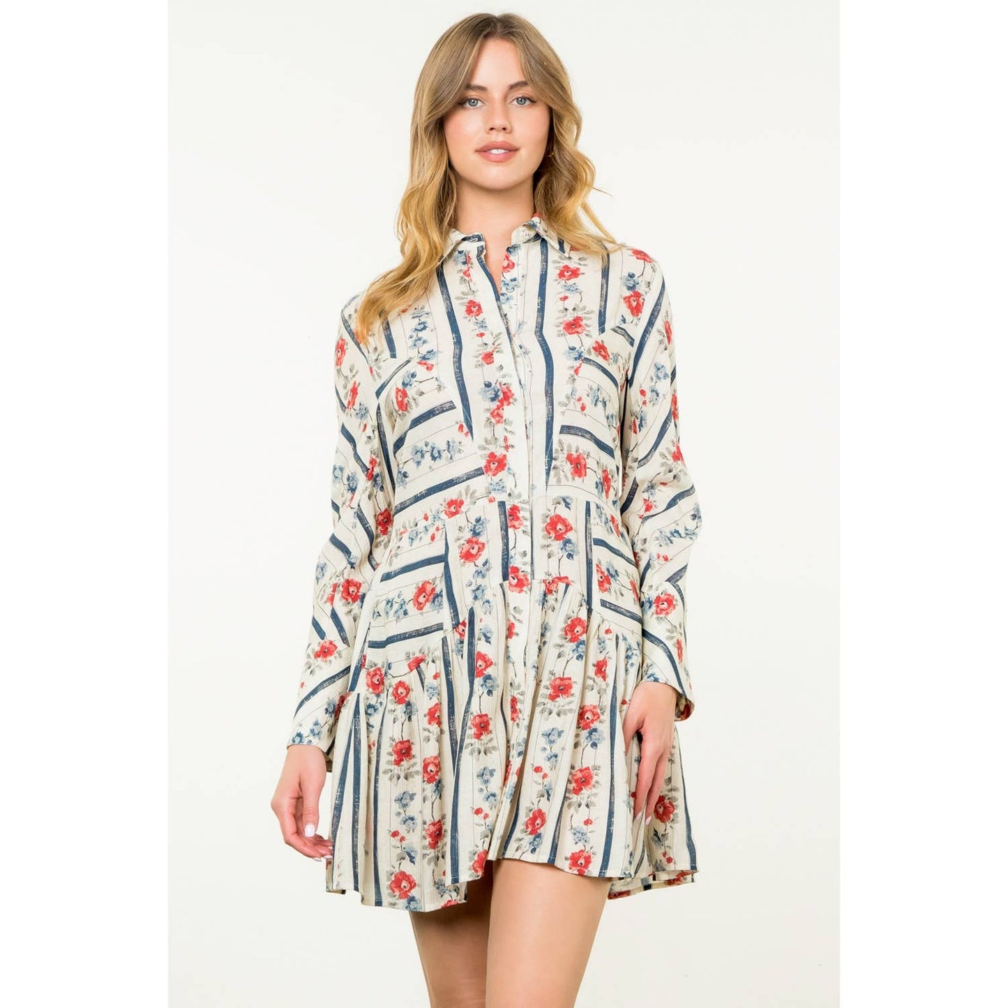 Long Sleeve Floral Dress: CREAM / XS-S-M-L(1-2-2-1)
