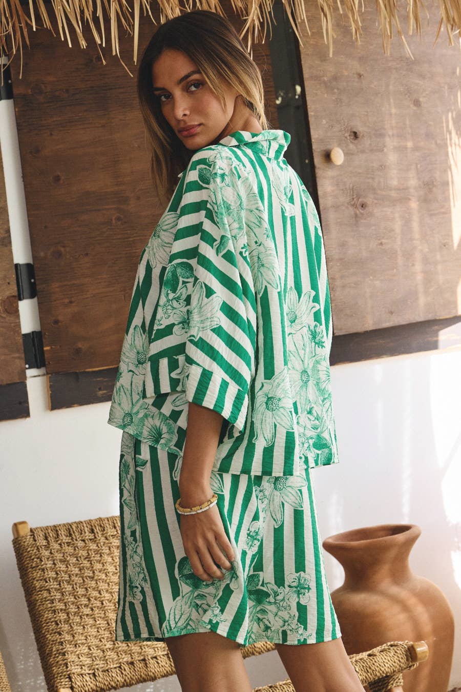 Striped Floral Printed Shirt & Shorts Set: Red Stripe / S