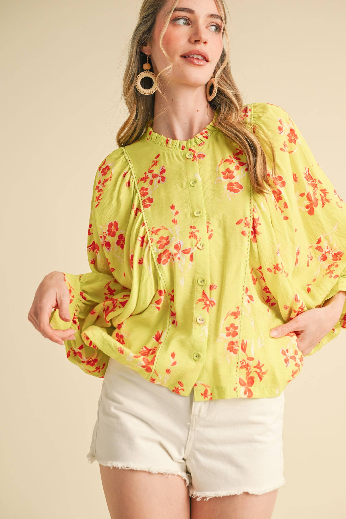 EXCLUSIVE PRINT FLORAL DOLMAN SLEEVE BLOUSE MTP3871: Electric Blue Floral / M