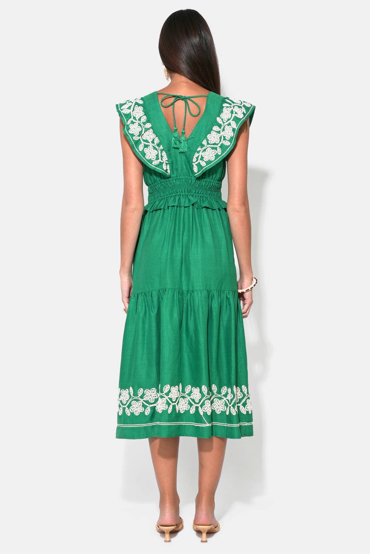 Amaya Ruffle Embroidery Midi Dress: Green/Natural / L