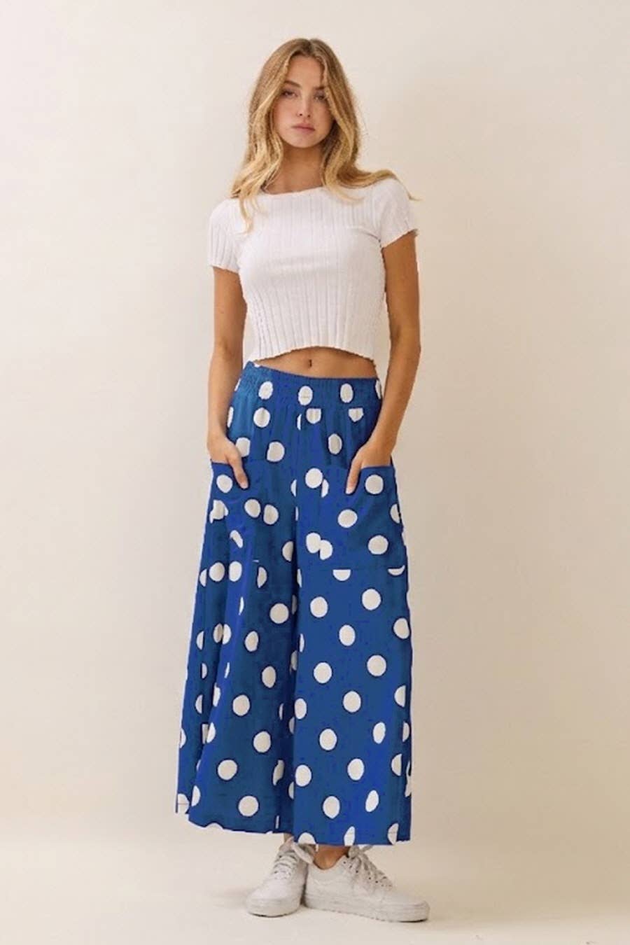 Polka Dot Pull-on Pants: Blue Navy / L