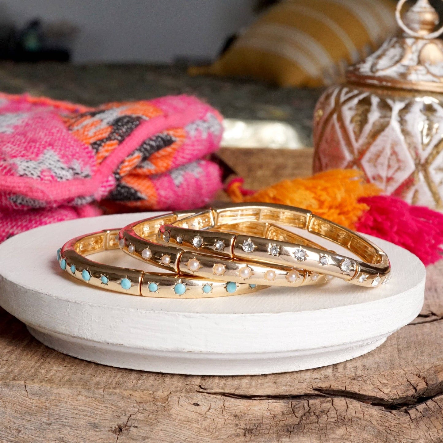 Gold-Tone Eternity Stretch Bangle – Pearls, Turquoise, or Crystals: Wide - Turquoise