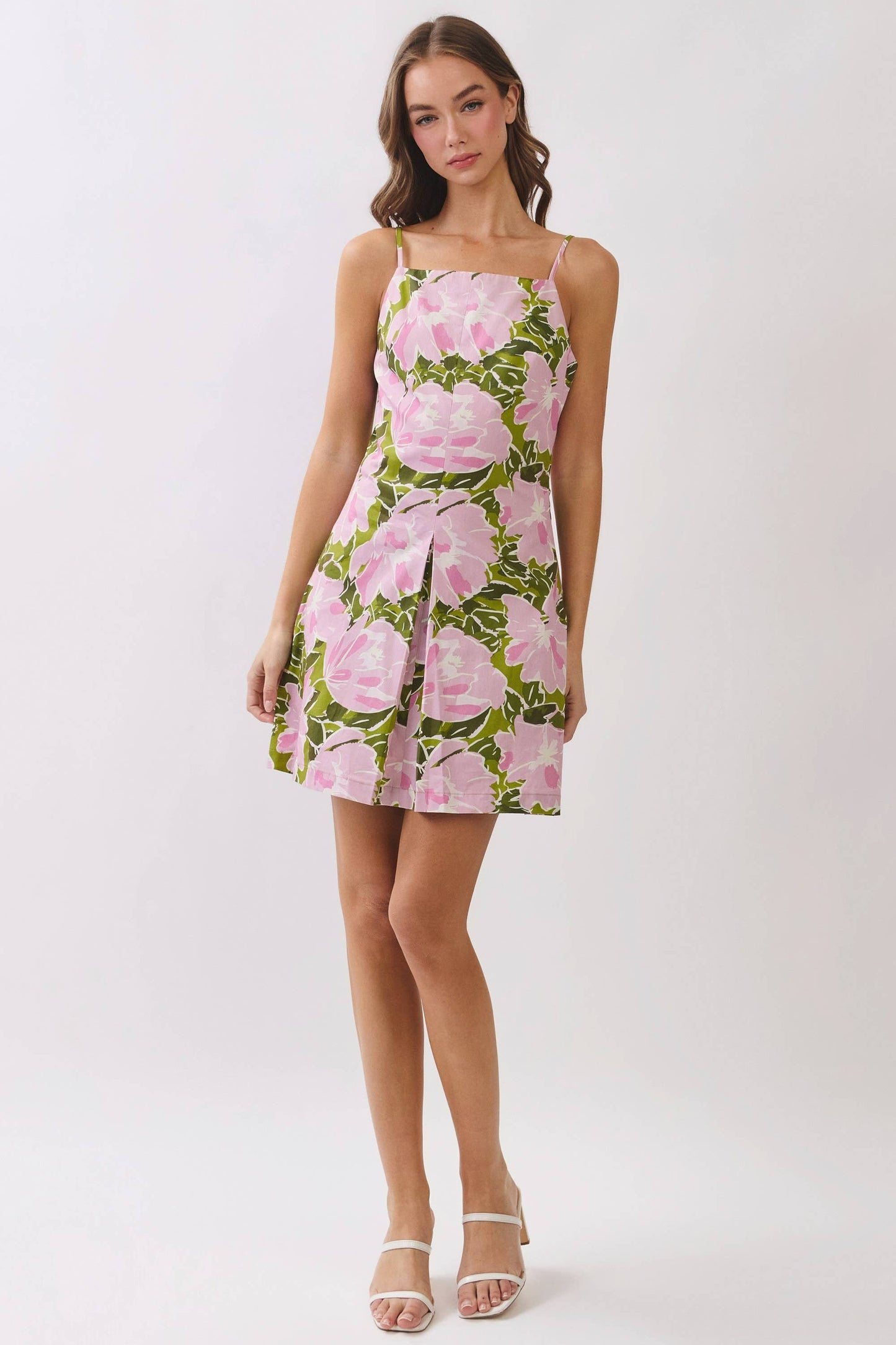 CD07246-Floral Print Square Neck Mini Dress: Green / S