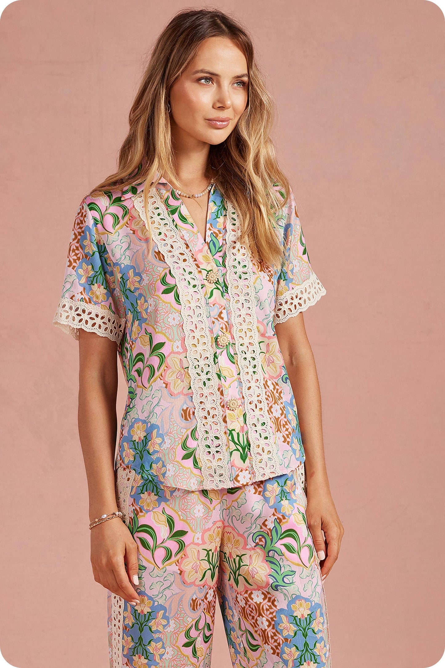 Garden Party Crochet Contrast Trim Satin Shirt: Multi / L