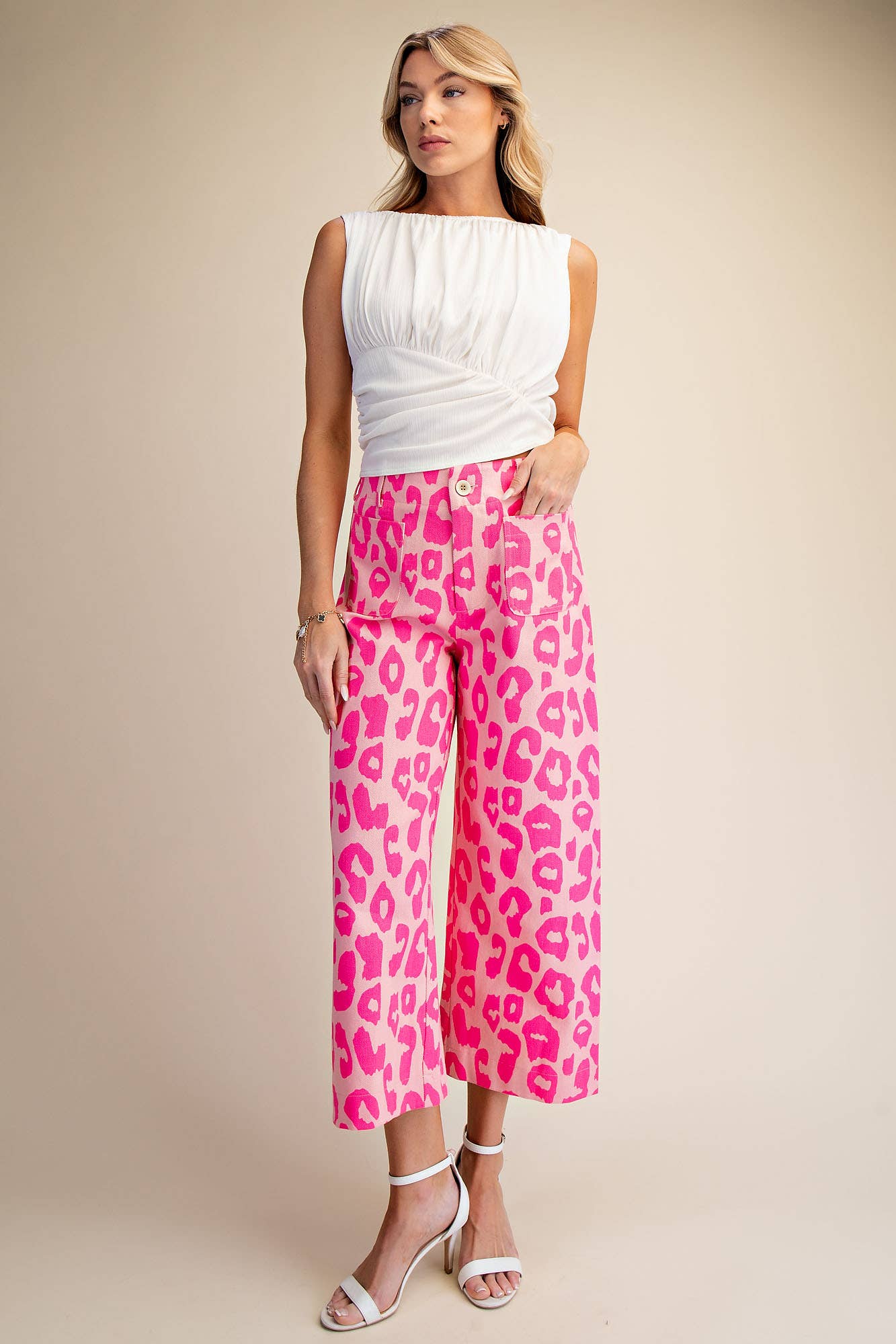 Colette Cropped Wide-Leg Neon Leopard Pants: Pink / S