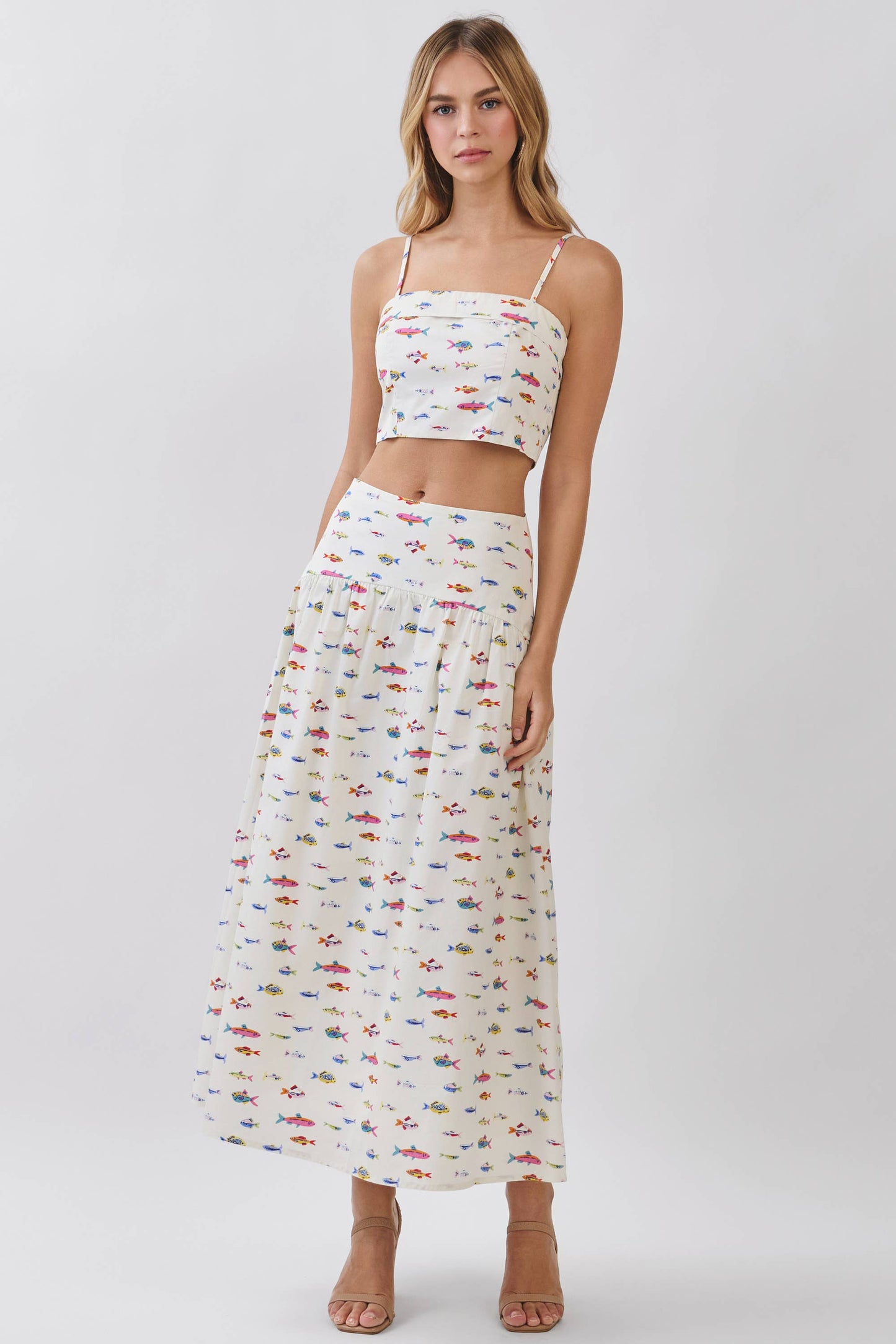 CS4065-Colorful Fish Print Drop Waist Maxi Skirt: Cream / M