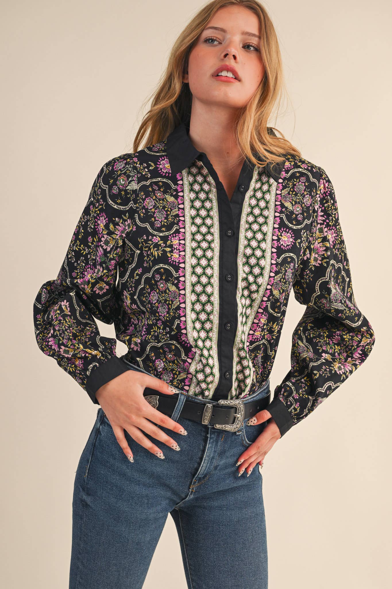 EXCLUSIVE FLORAL BORDER PRINT BUTTON UP TOP MTP4126: Ivory Multi / L