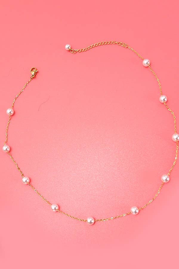TITANIUM  STEEL NON-TARNISH PEARL STATION NECKLACE | 40NK334: Gold