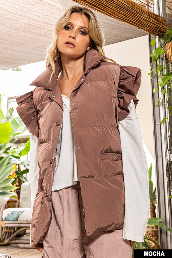 IT1813 Ruffle Sleeve Down Vest: DUSTY PINK / S-M-L (2-2-2)