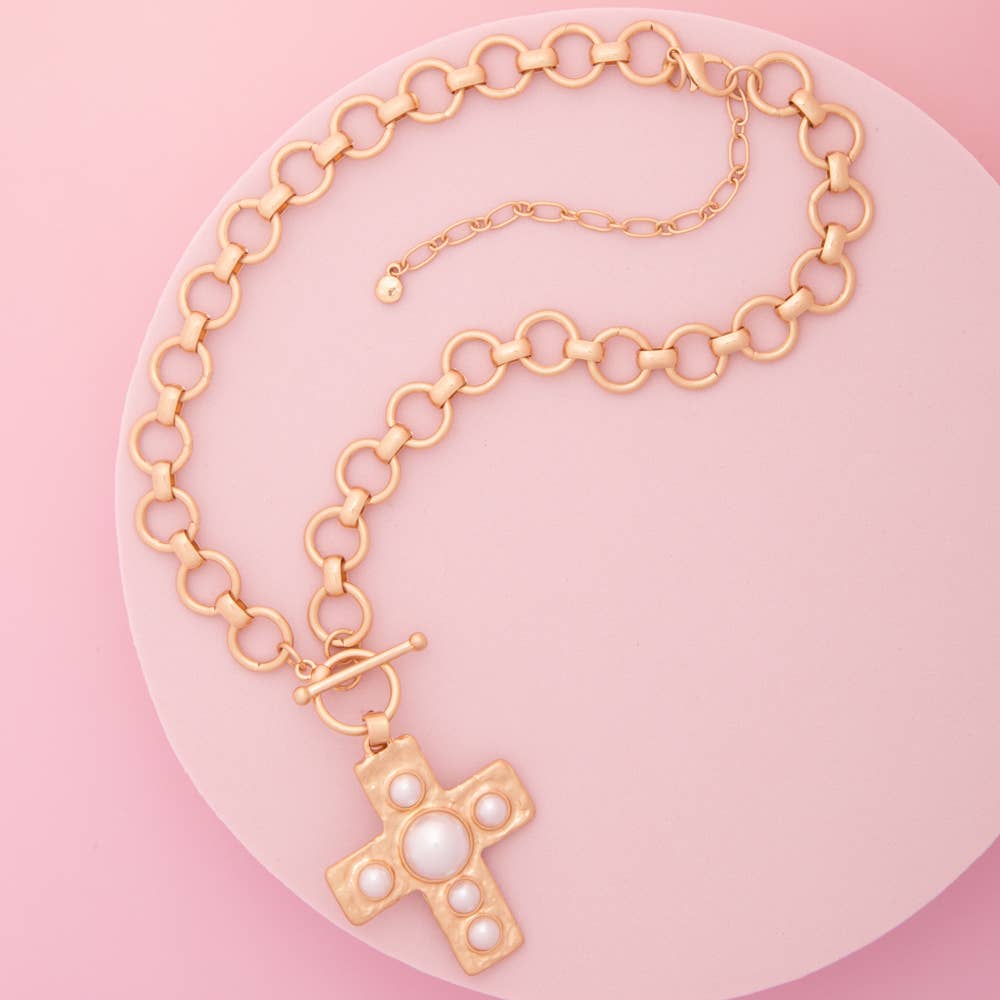 Pearl / Turquoise Embellished Cross Pendant Toggle Necklace : White