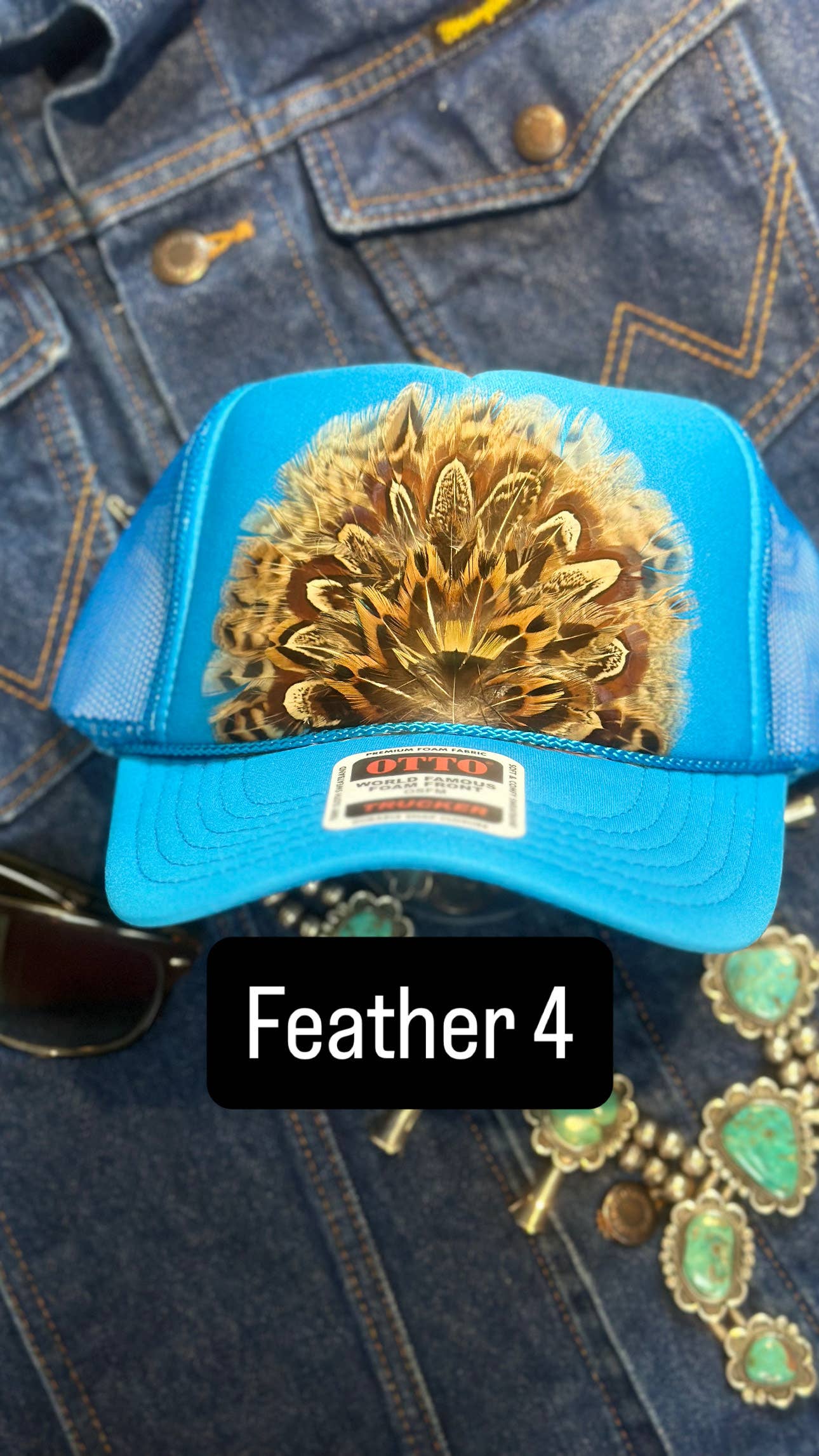 BLUE FEATHER TRUCKER HAT: No Faux Turquoise / Feather 1