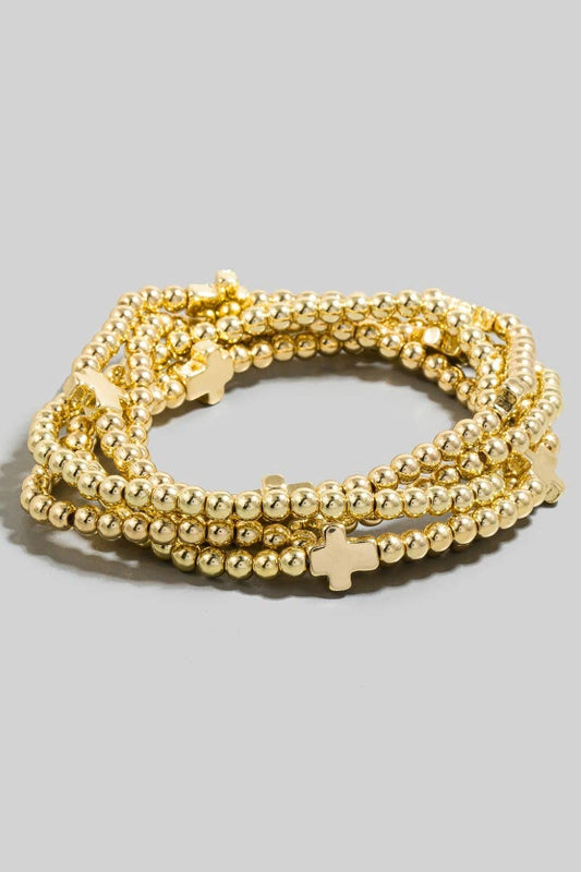 Metallic Cross Charms Beaded Bracelet Set: GD