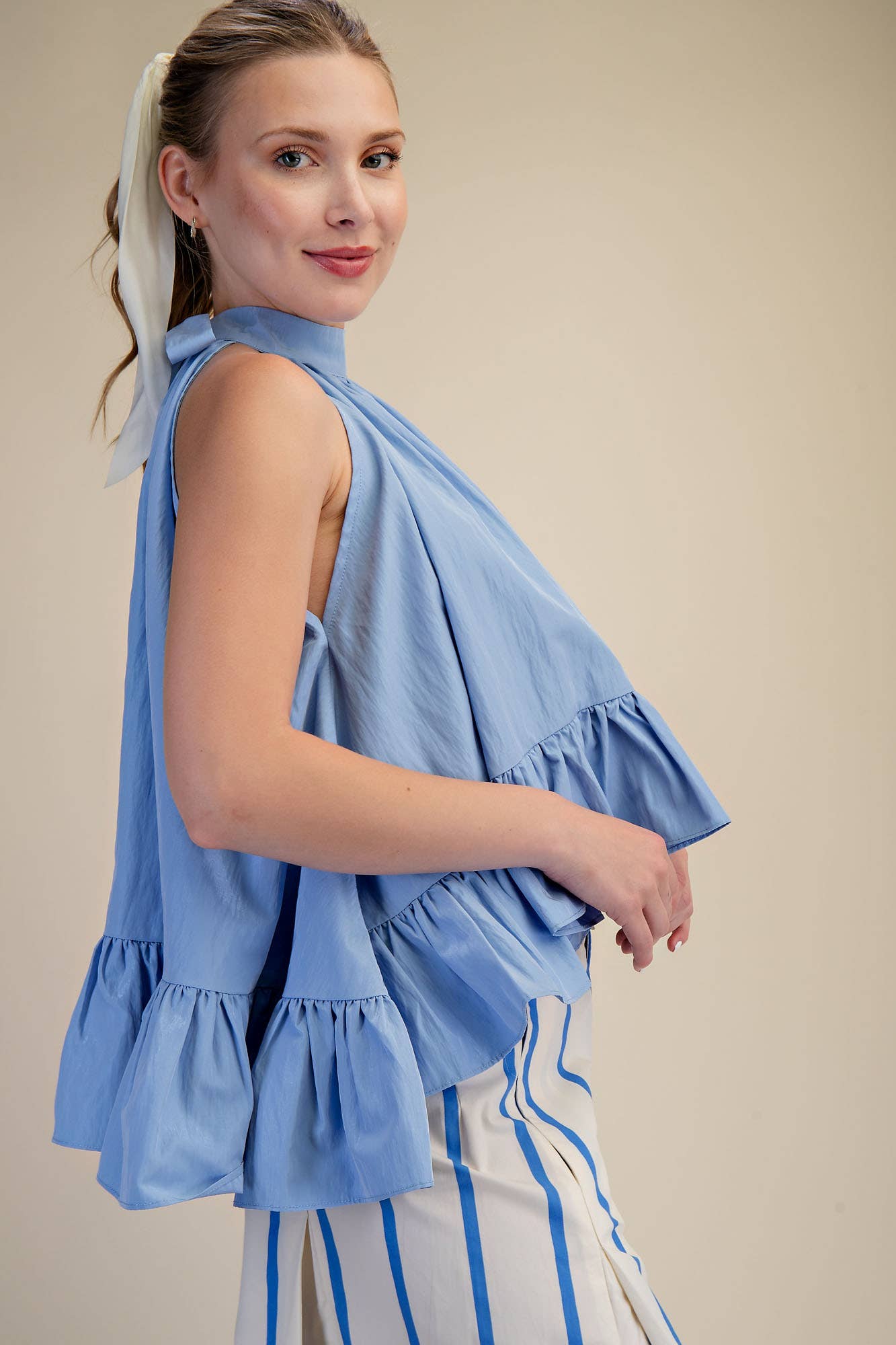 Halter Neck Sleeveless Back Neck Tie Ruffle Top: Hot Pink / S