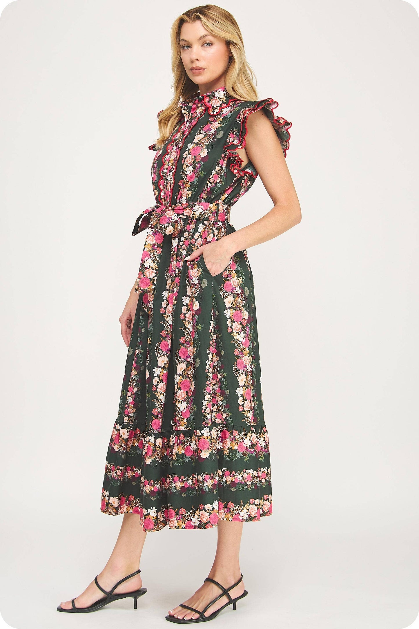 Ruffle Scallop Embroidery Floral Midi Dress: Deep Green/pink Multi / M
