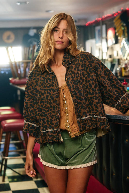 IT2444C Leopard Print Ruffle Hemline Shirt Top: Animal / S-M-L (2-2-2)