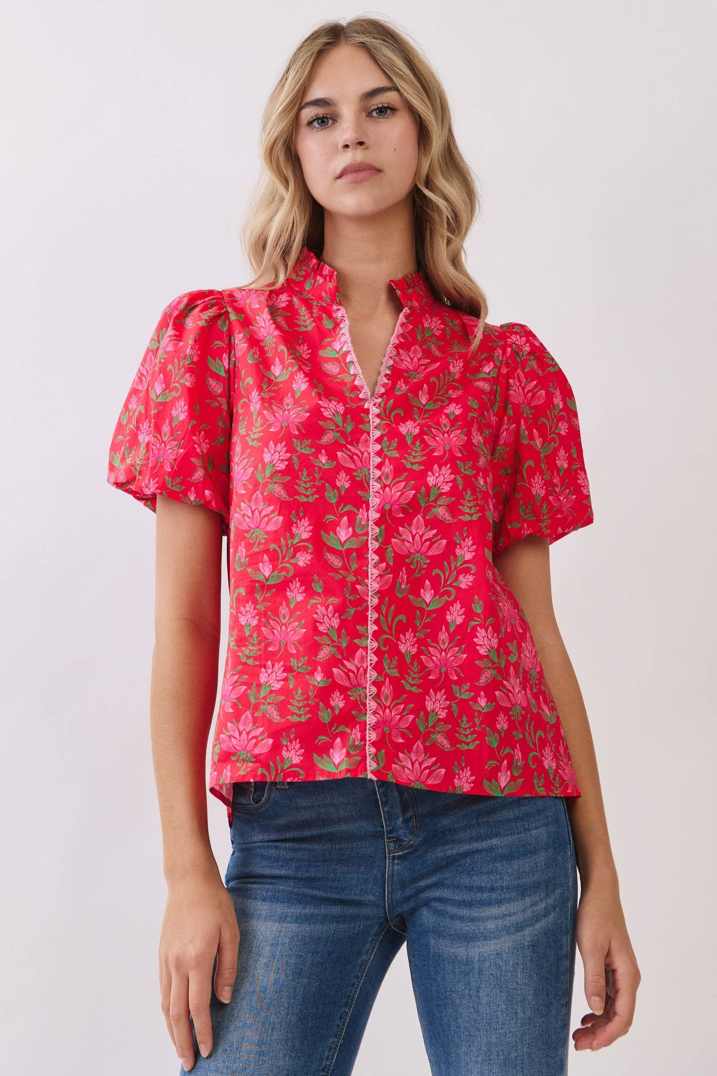 CT10048-Floral Print Puff Sleeve Blouse: RED / M