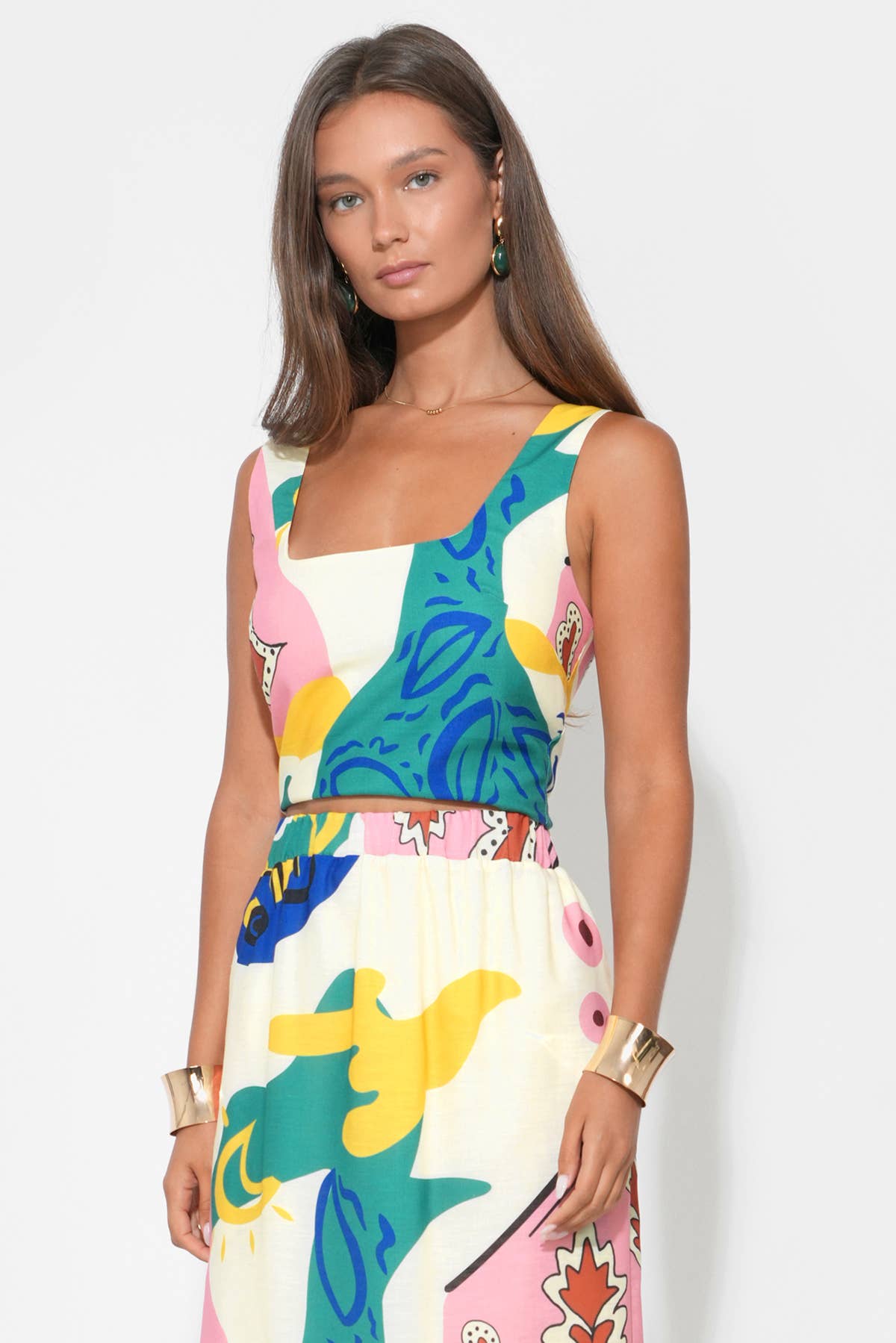 Kylie Square Neck Smocked Back Printed Top: Yellow/Bleu / M