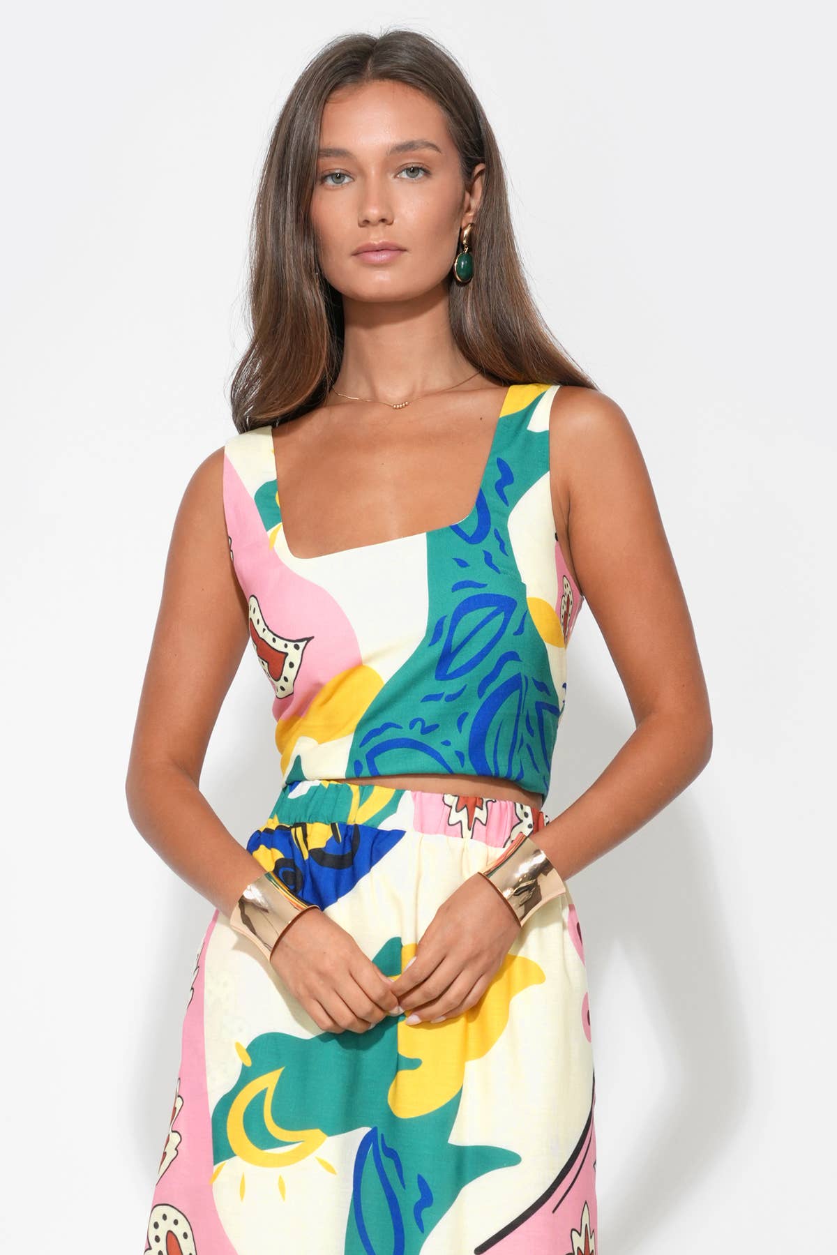 Kylie Square Neck Smocked Back Printed Top: Yellow/Bleu / M