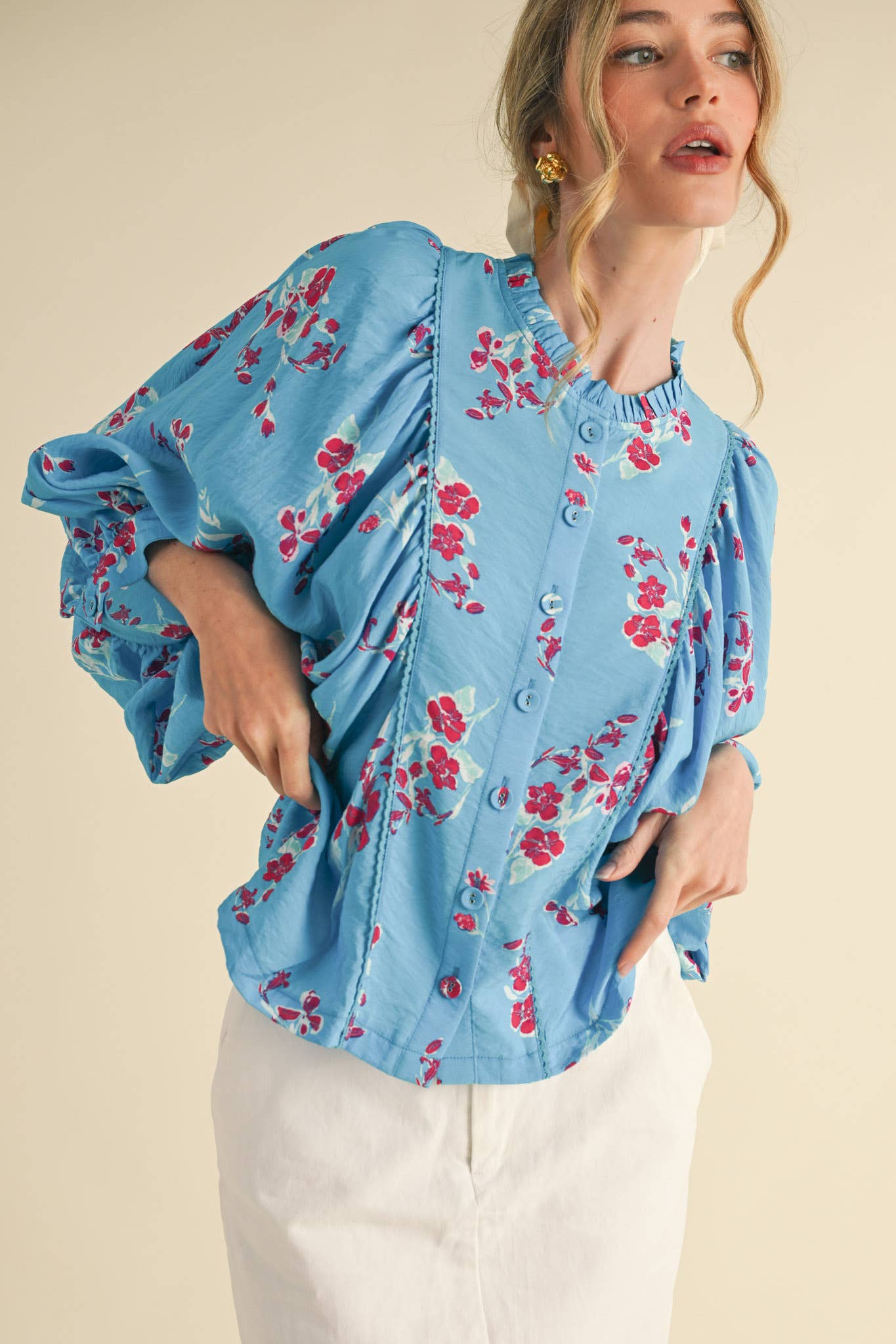 EXCLUSIVE PRINT FLORAL DOLMAN SLEEVE BLOUSE MTP3871: Electric Blue Floral / M