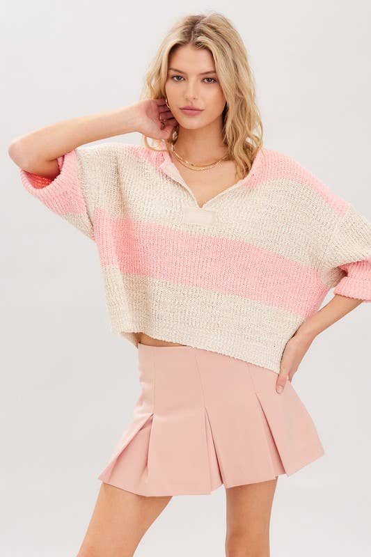 Striped Design Patch Sweater: Bubblegum Oatmeal / S