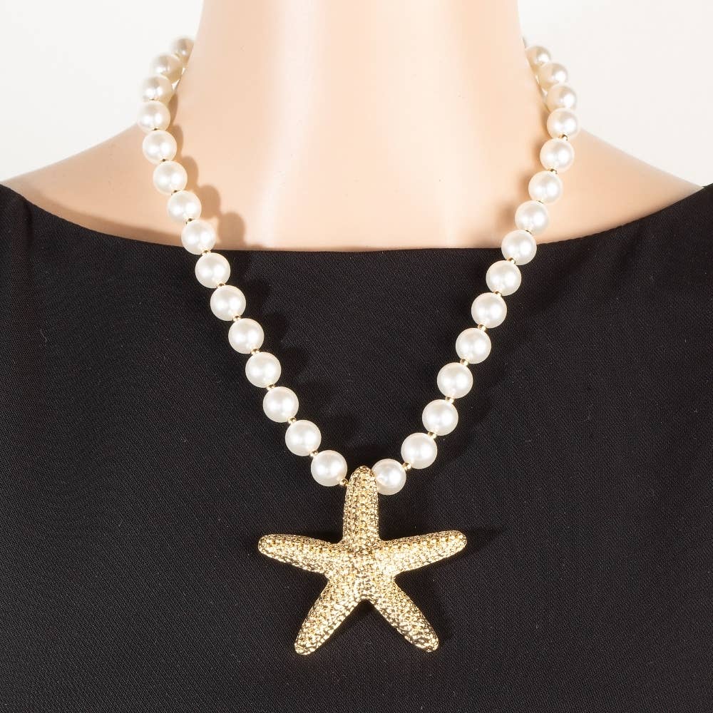 Gold Dipped Starfish Pendant Pearl Beaded Necklace: GDCRM