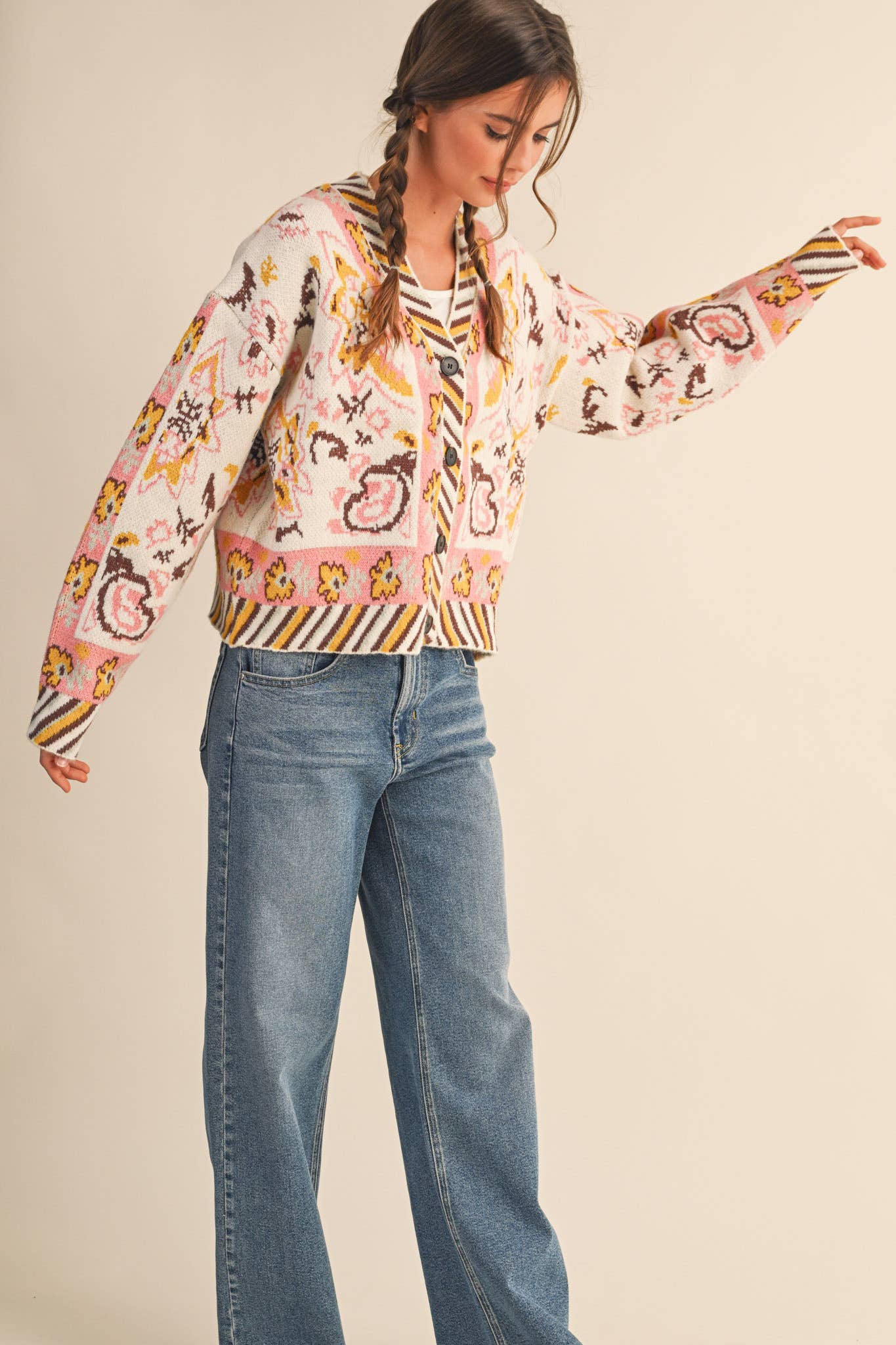 PAISLEY KNIT SWEATER CARDIGAN MSW11102: Ivory Coral Multi / L
