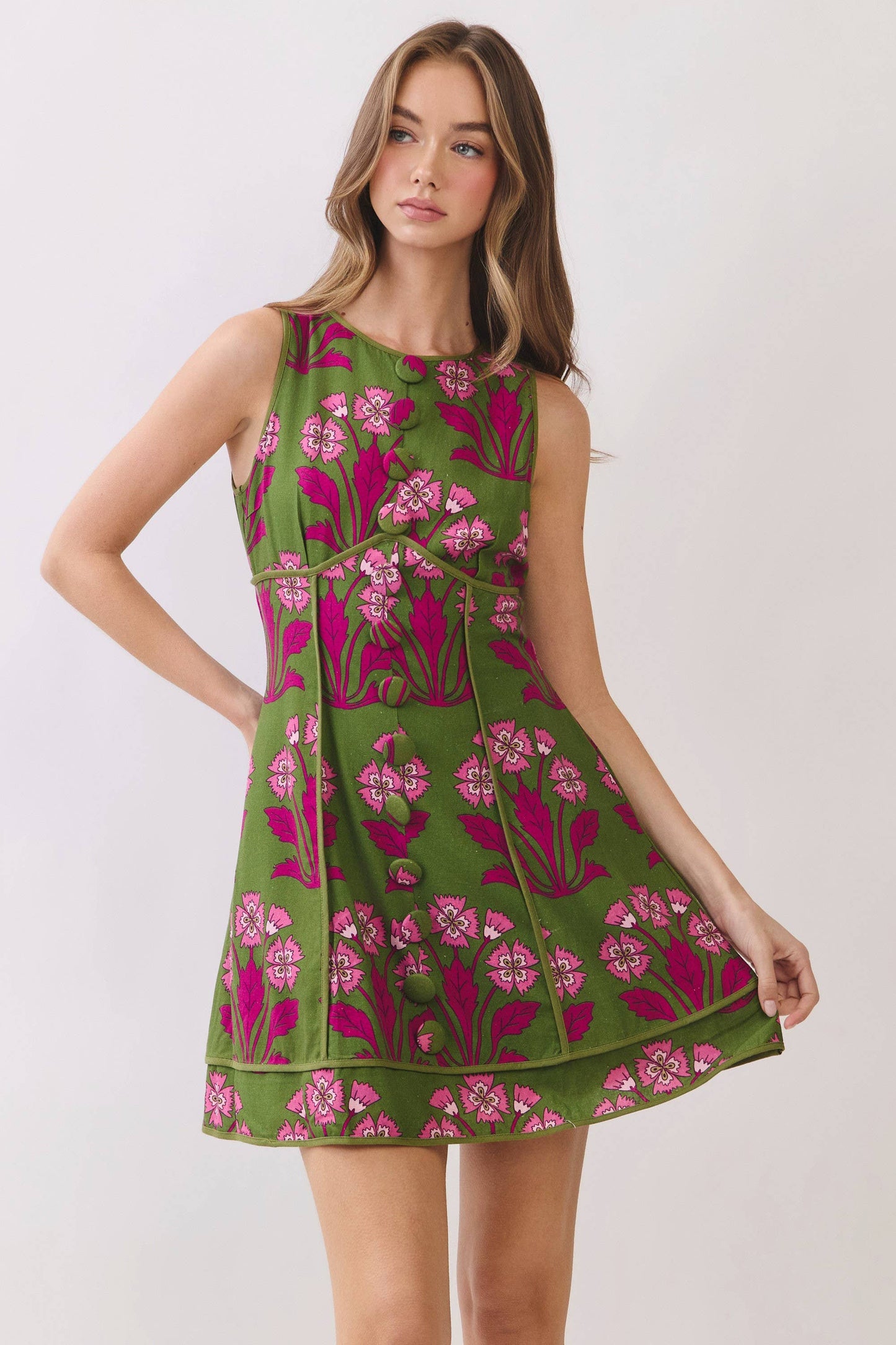 CD07224-Floral Print Decorative Button Front Mini Dress: Green / M