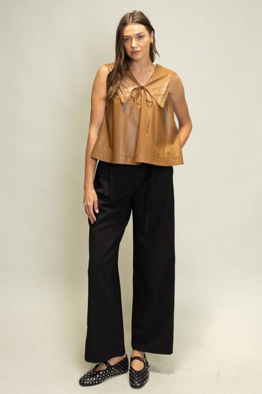 SOT1241 Faux Leather Sailor Collar Top: Black / S-M-L (2-2-2)